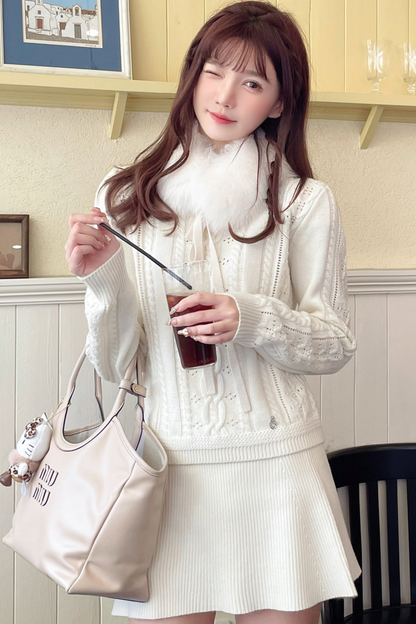 Wool Twist Knit + Knit Flare Wide Pants + Knit Muffler