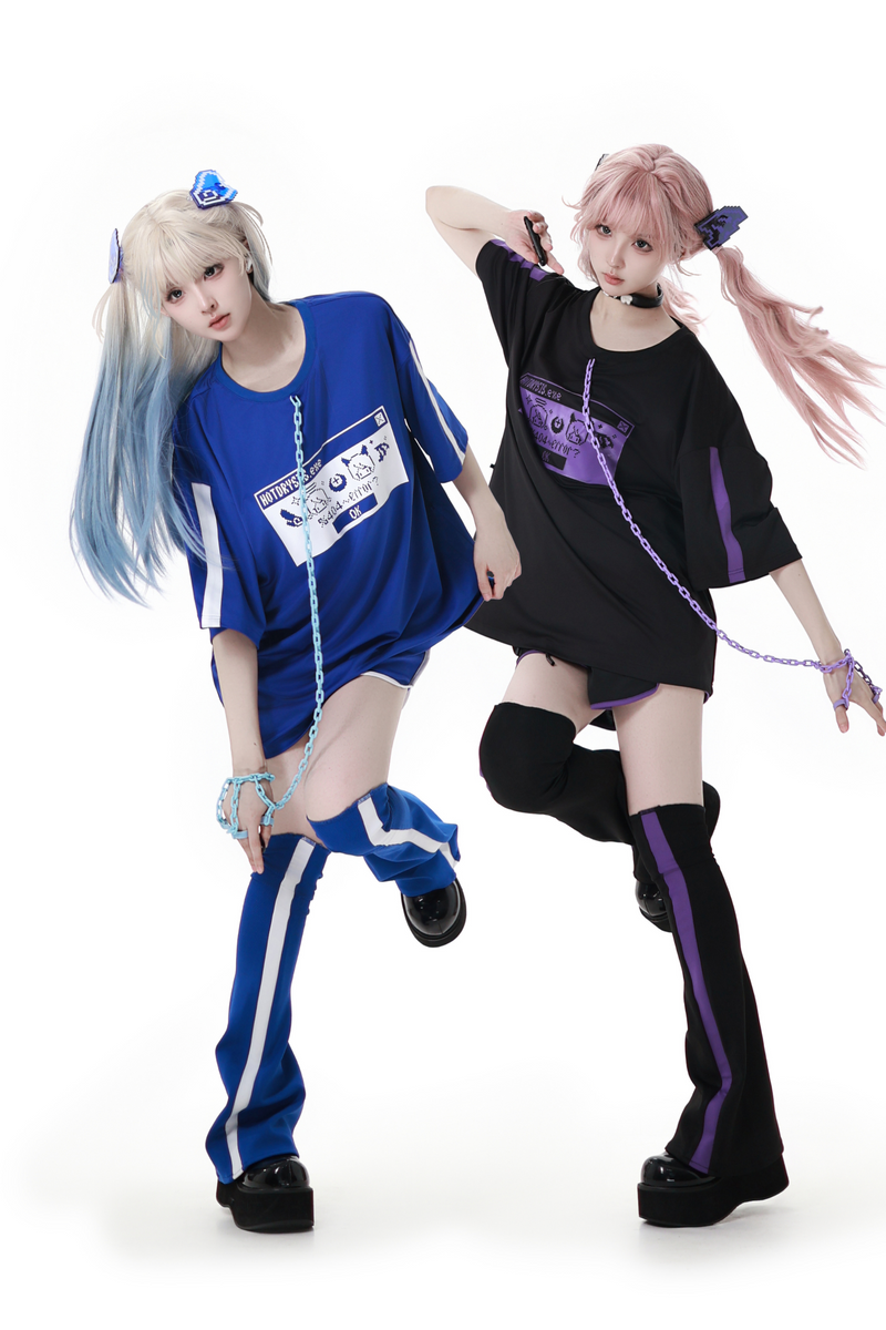 Subculture Loose Oversized T-shirt + Pants + Leg Warmers + Angel Devil Hairpins