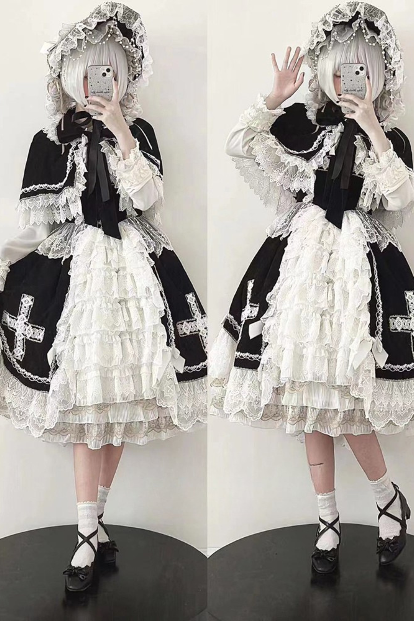 Gothic Doll Lace Jumper Skirt + Bonnet + Shawl