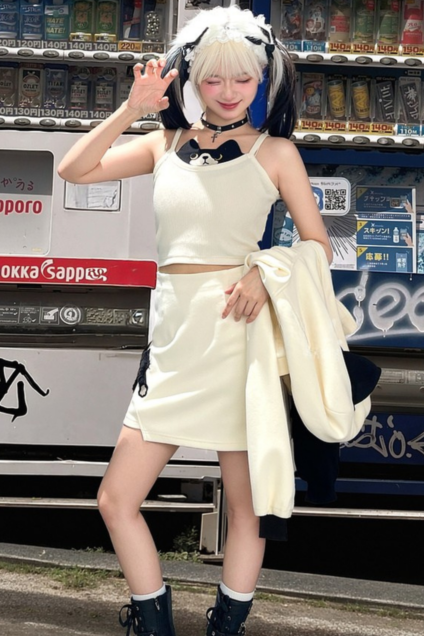 Cat Ear Hooded Short Parka + Camisole + Skirt