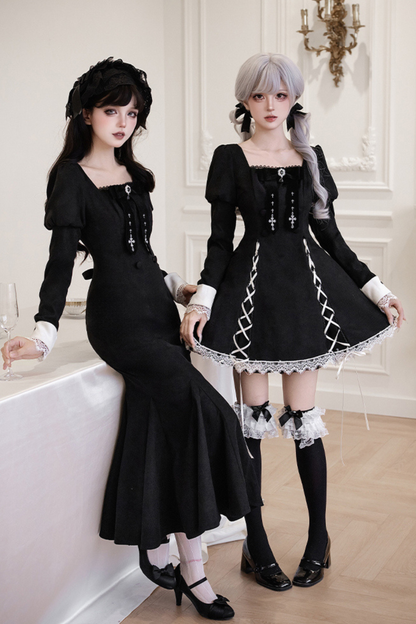 Mermaid Dress + Lace-up Short Dress + Cloak + Collar + Ribbon Brooch