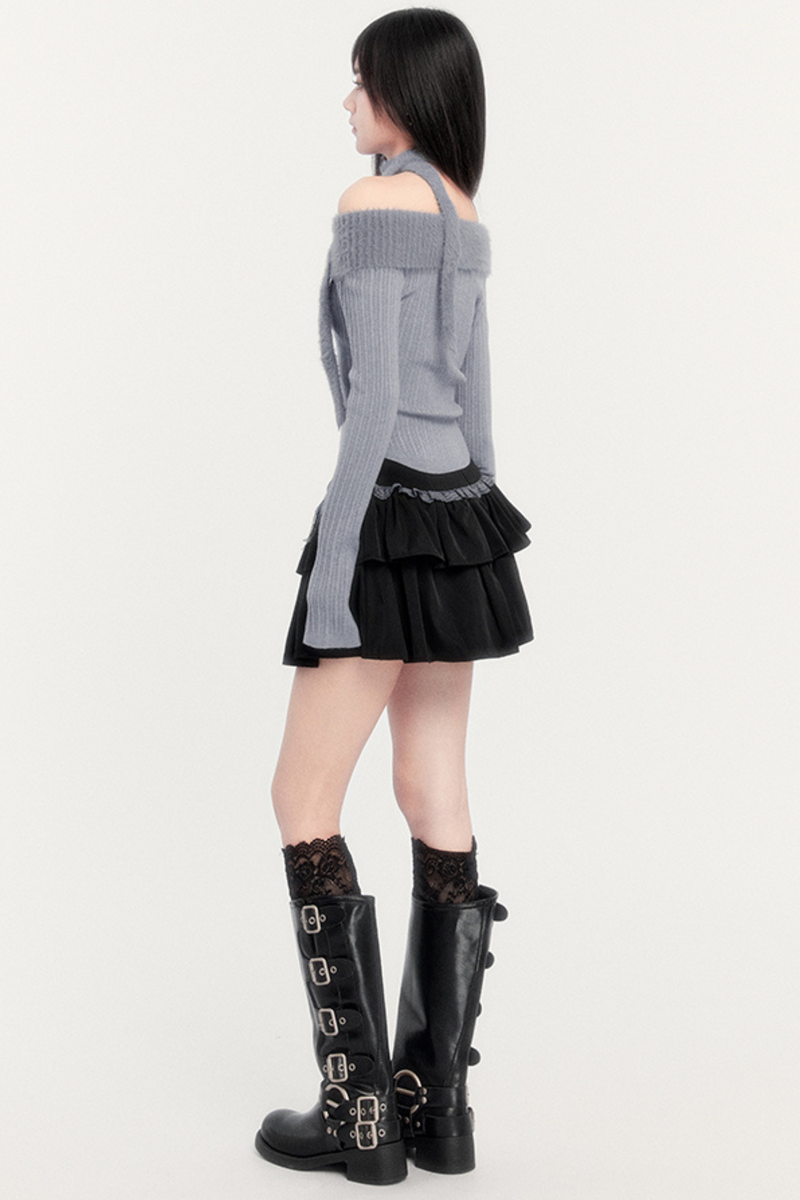 Off Shoulder Knit + Ribbon Tiered Skirt
