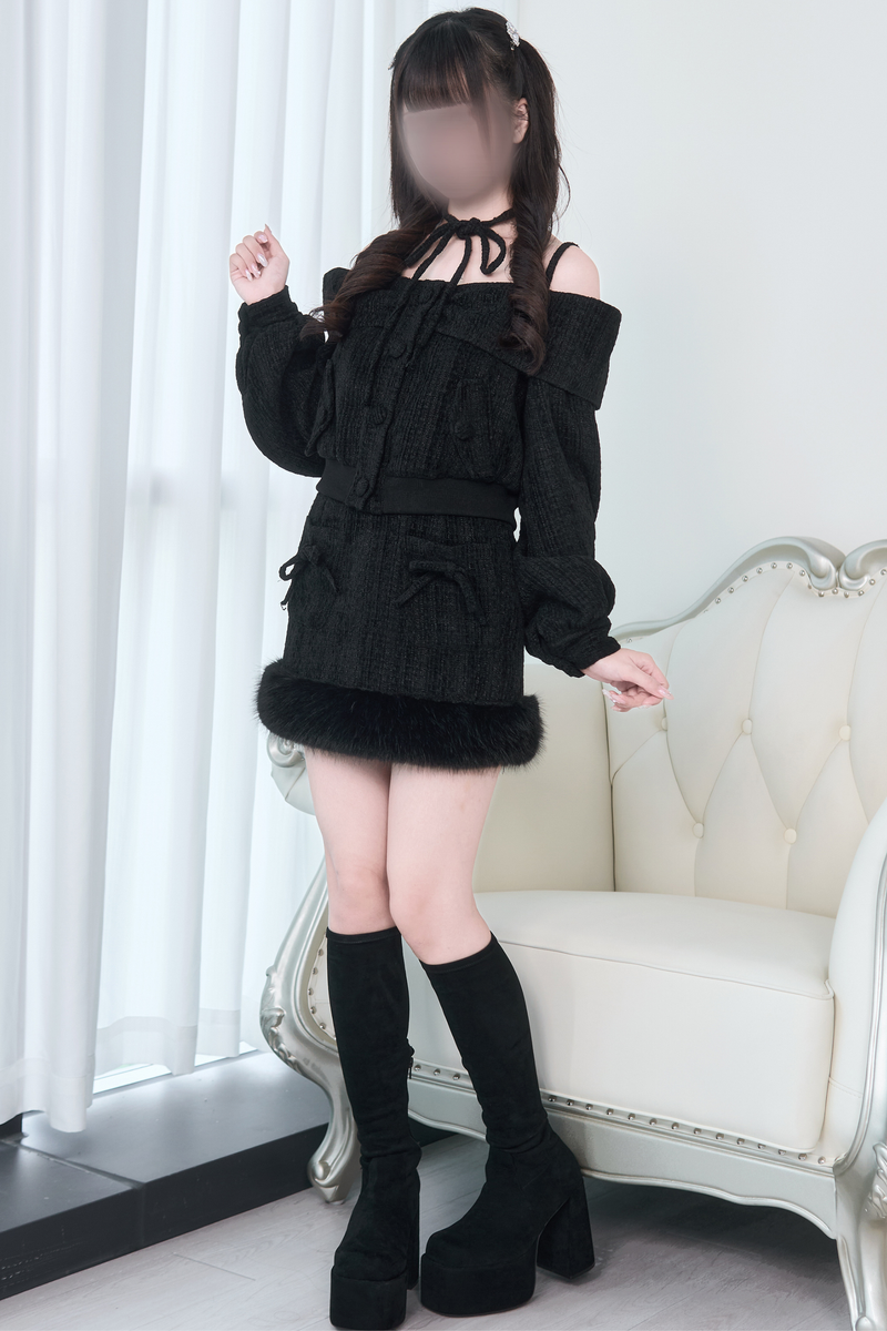 Off-the-shoulder Ribbon Top + Fur Skirt