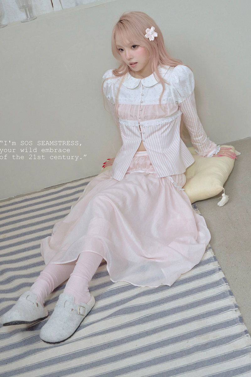 Striped Doll Collar Puff Sleeve Shirt