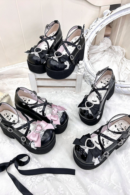 Lace Sheep Puff Lolita Lace Rhinestone Ribbon Flatform Shoes