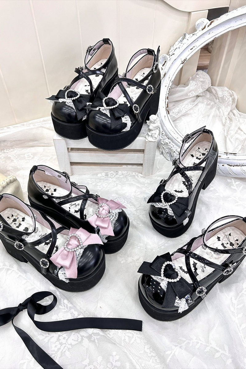 Lace Sheep Puff Lolita Lace Rhinestone Ribbon Flatform Shoes