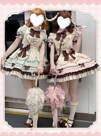 [pre-order] Bunny Ear Hair Clip + Pink Blue Sweet Maid Apron Dress