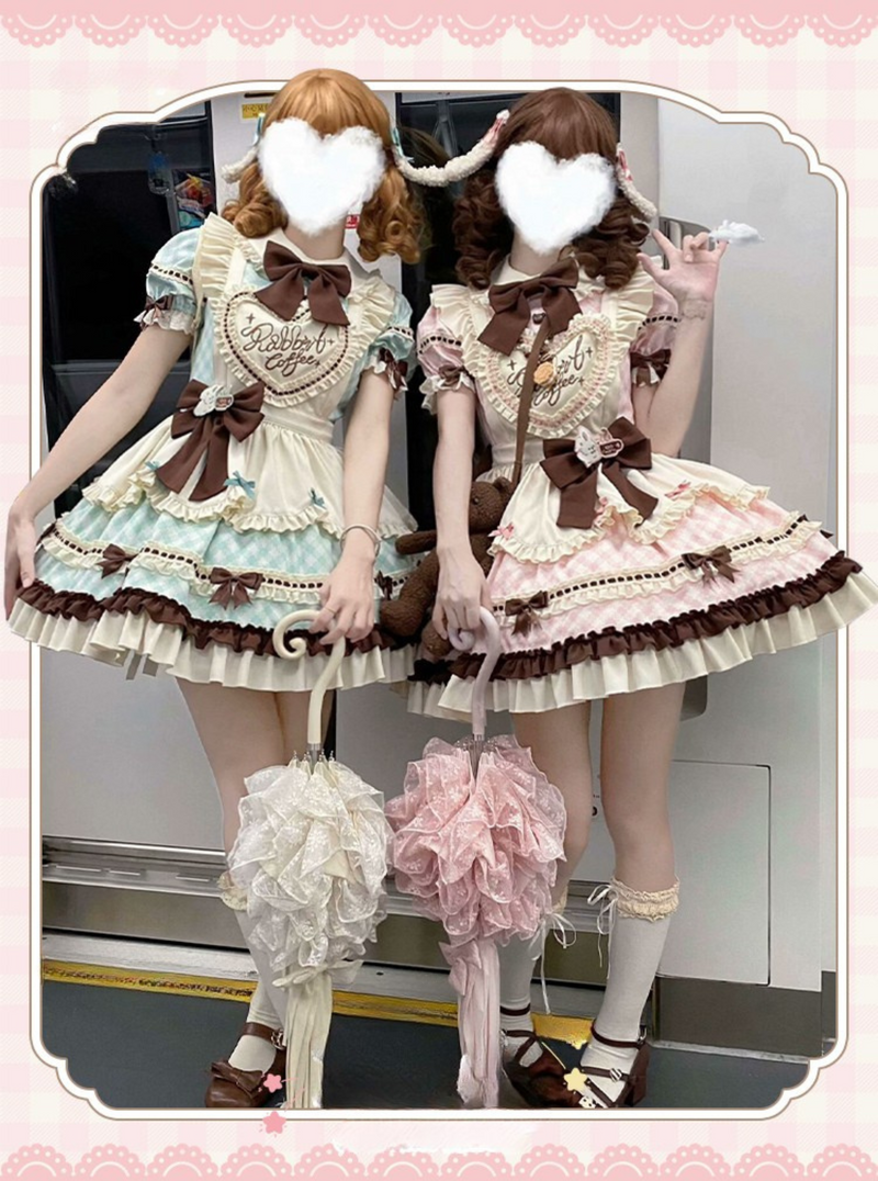[pre-order] Bunny Ear Hair Clip + Pink Blue Sweet Maid Apron Dress