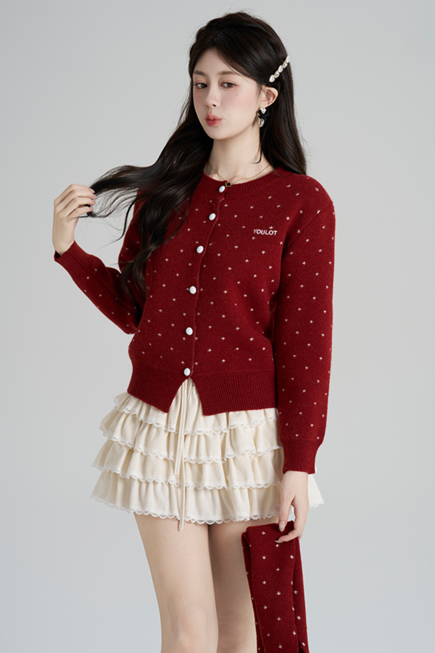 French Style Dotted Cardigan With Scarf