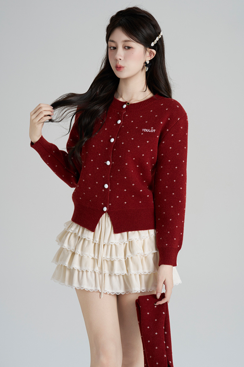 French Style Dotted Cardigan With Scarf