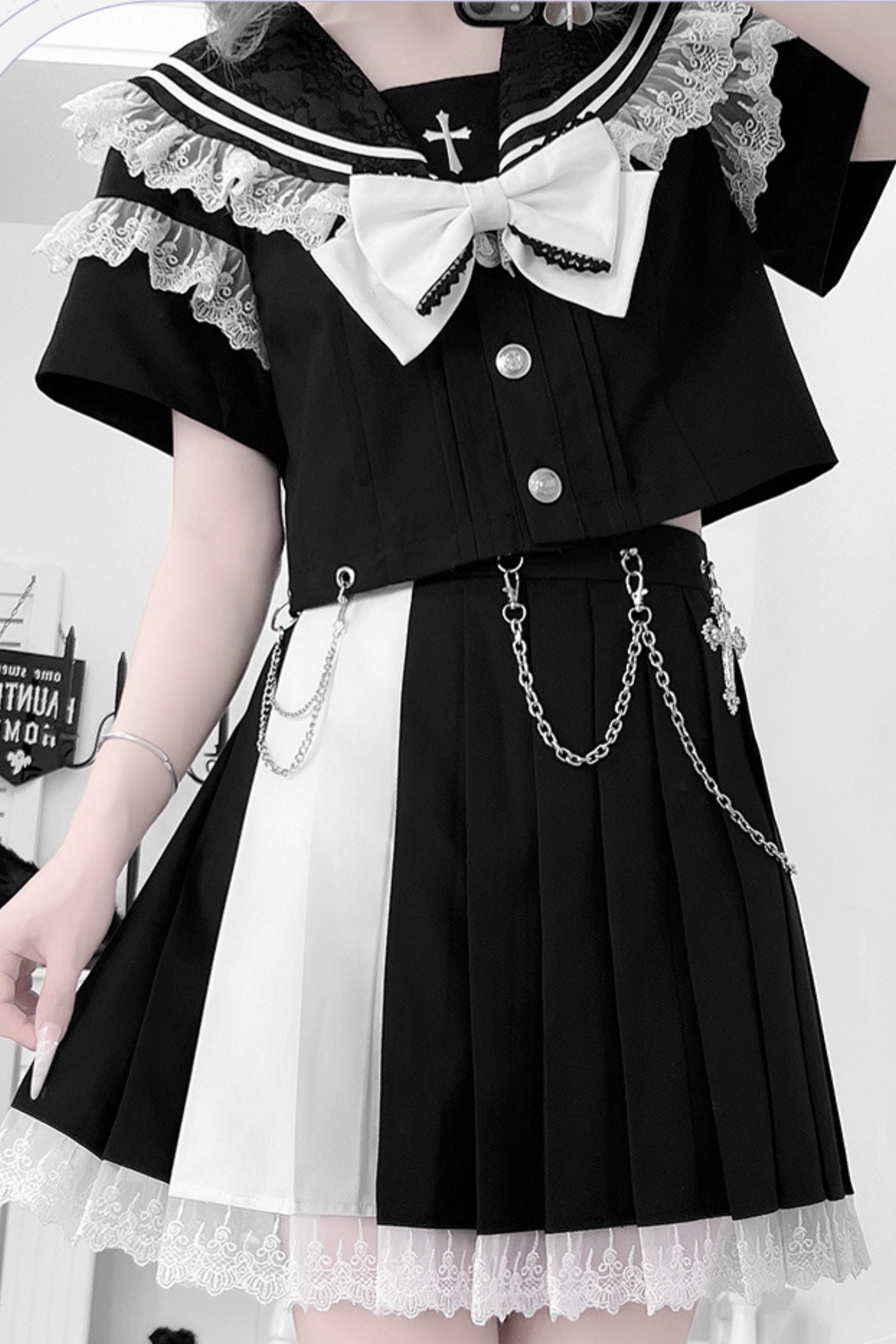 Dark Girl College Sailor Top + Skirt + Ribbon + Skirt Chain