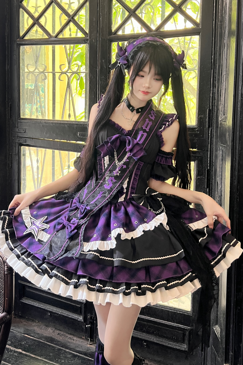 Dark Series Plaid Lolita Dress + Headband + Tail