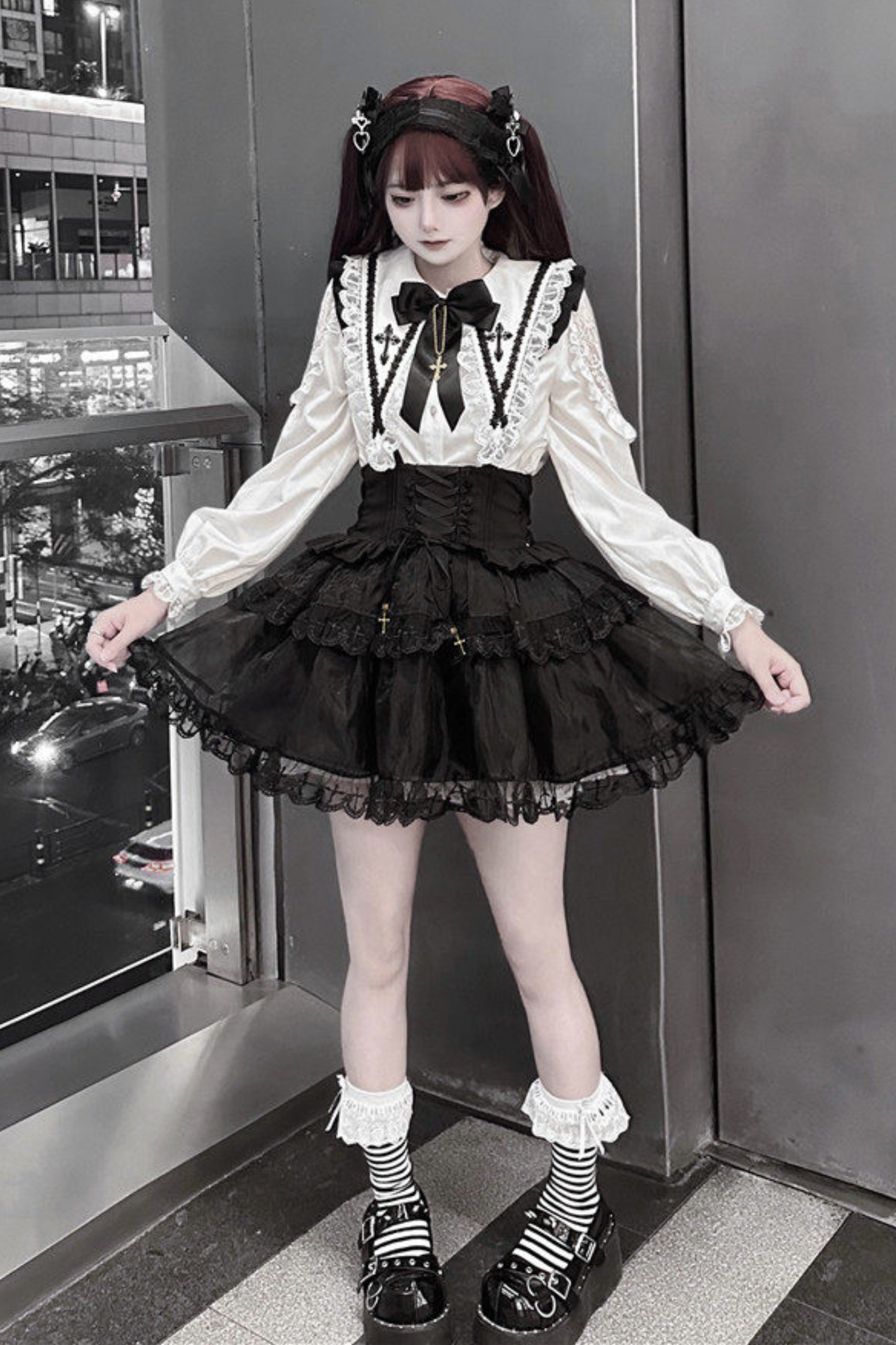Holy Cross Flutter Sleeve Suspender Skirt + Shirt