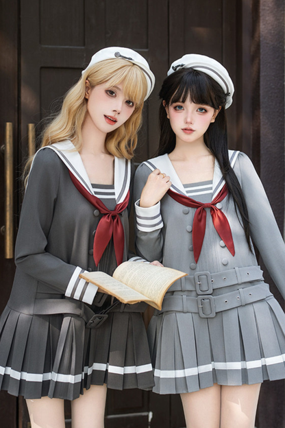 Sailor Collar Pleated College Dress + Ribbon + Hat