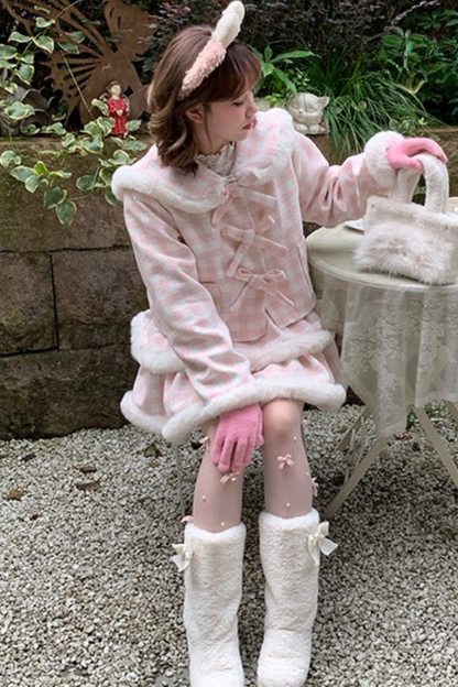 Peach Plaid Sweet Bow Coat + Plaid Tight Skirt + Fur Plaid Skirt