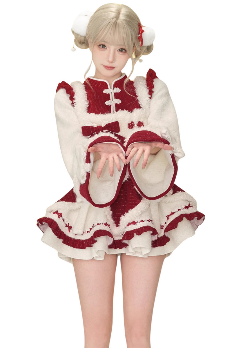 Fur Chinese-style Design Vest + Red Chinese-style Top + Flare Short Skirt