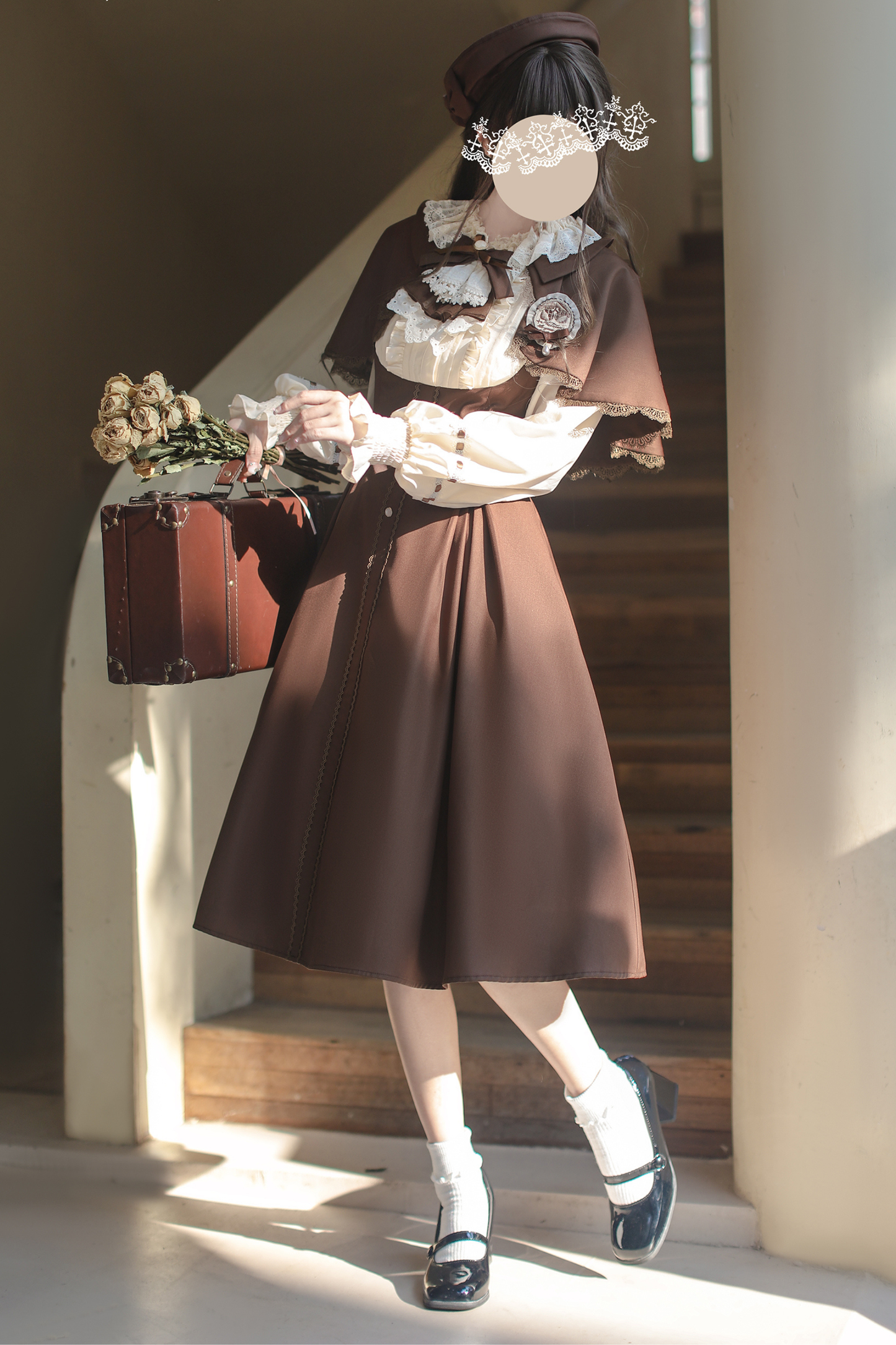 French Brown Lolita Dress + Cape + Beret + Badge