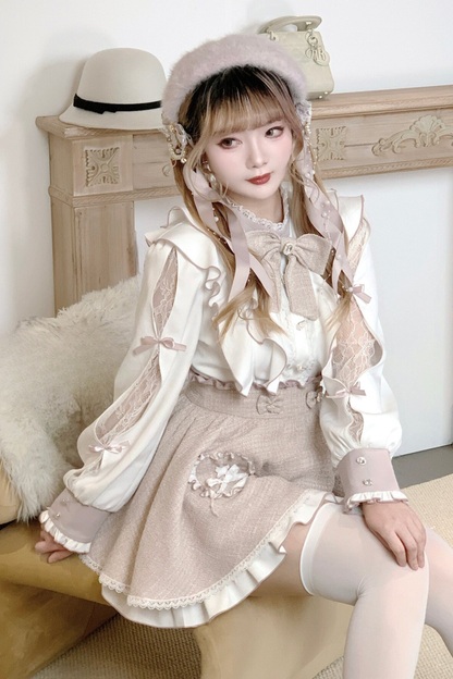 Lace Shoulder Ribbon Blouse + Skirt