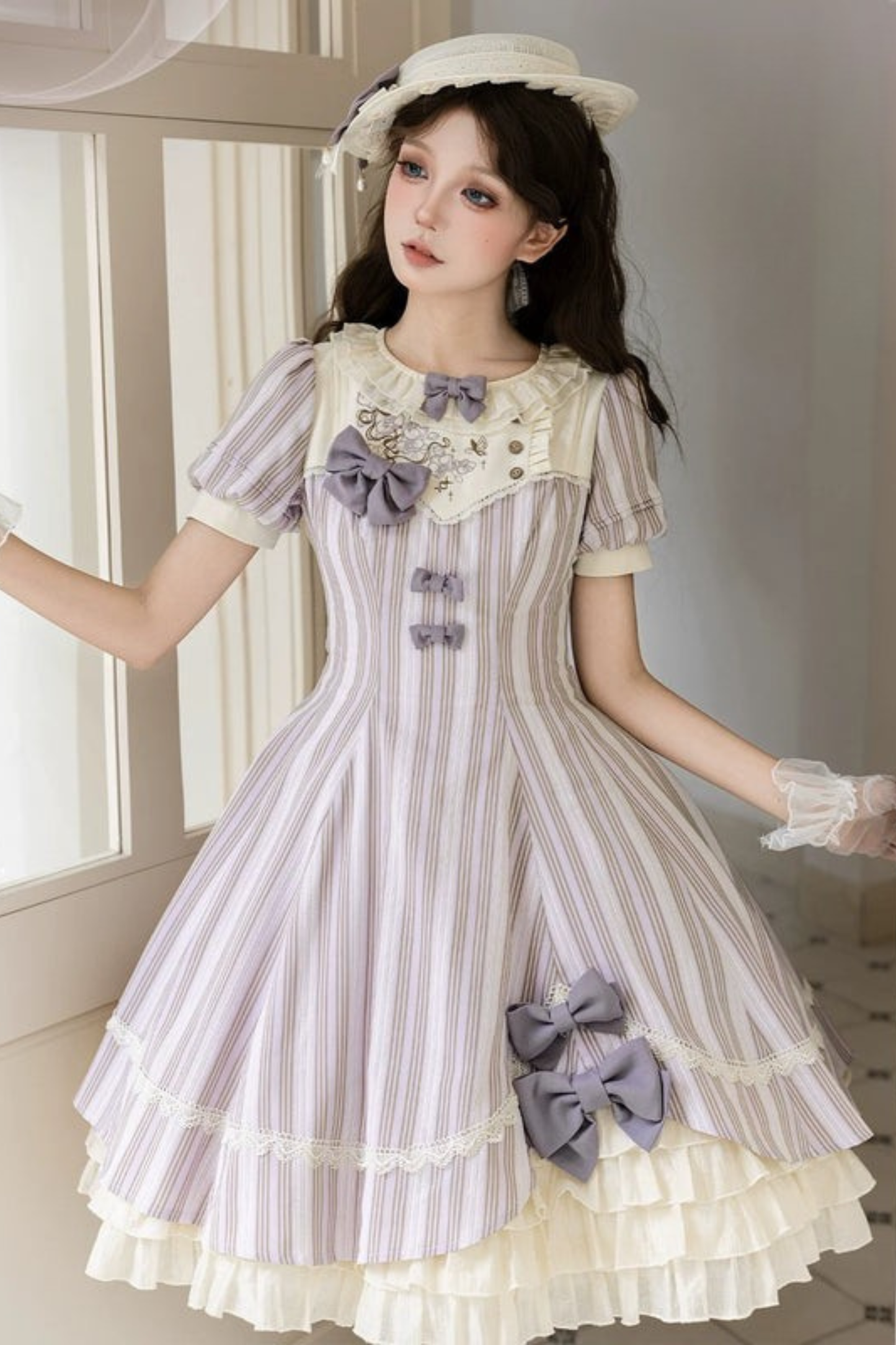 [pre-order] Striped Lolita Dress + Ribbon Clip