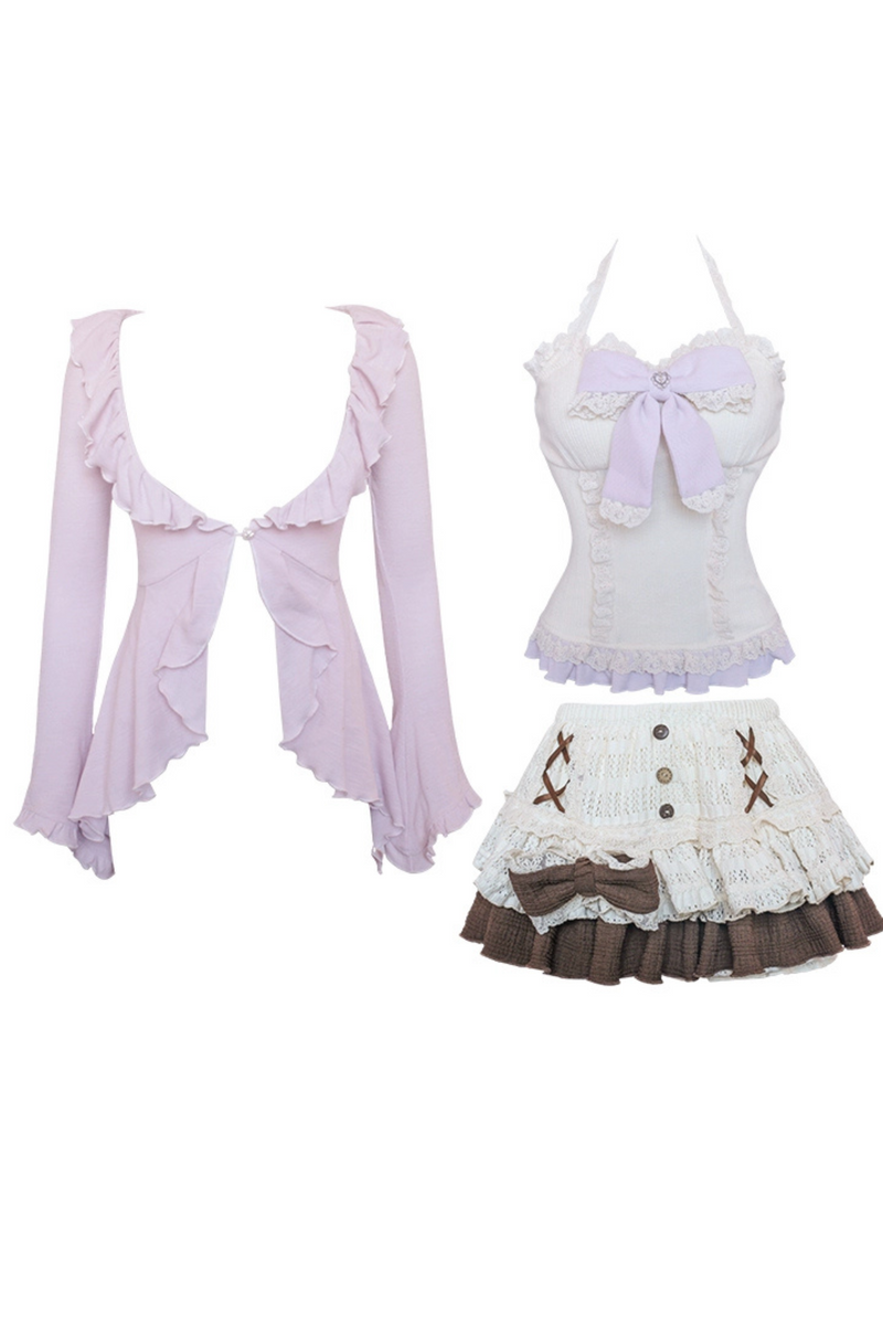 Taro Chocolate Apricot Knit Sling + Purple Knit Cardigan + Tiered Skirt