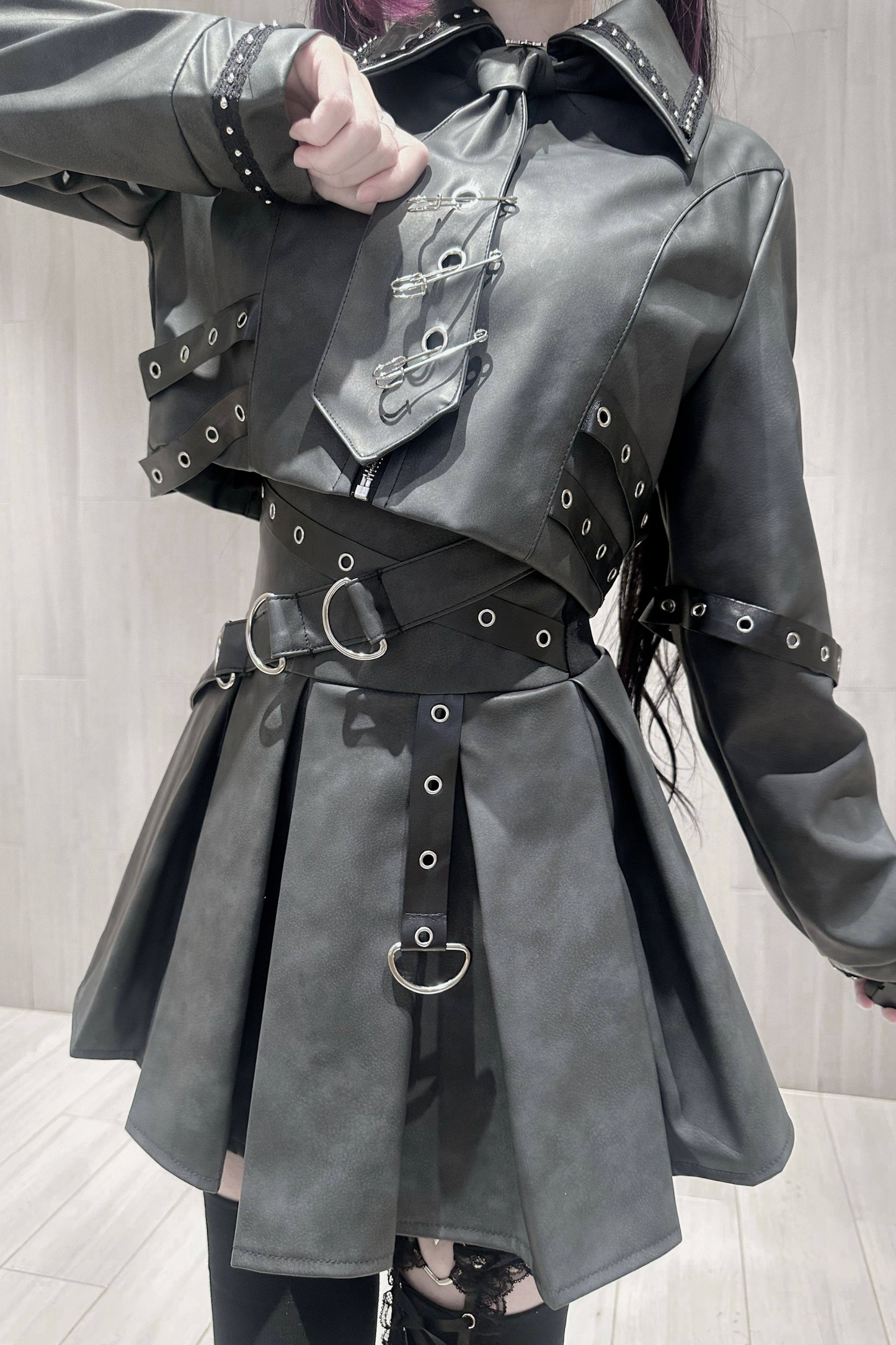 Gothic Matte Leather Dark Girl Top + Skirt