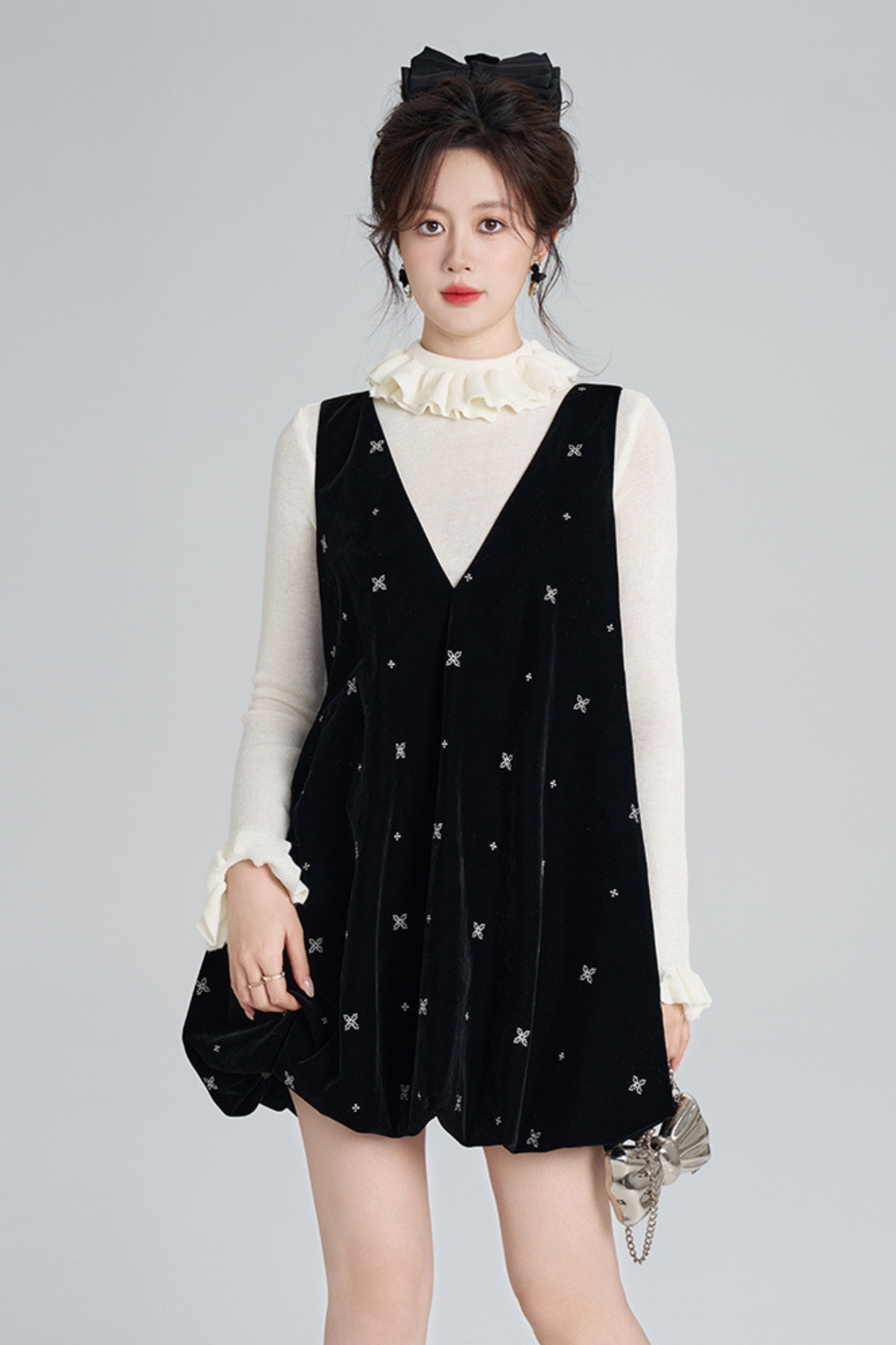 French Black Velvet Ribbon Balloon Dress