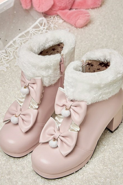 Double Ribbon Fur Short Boots
