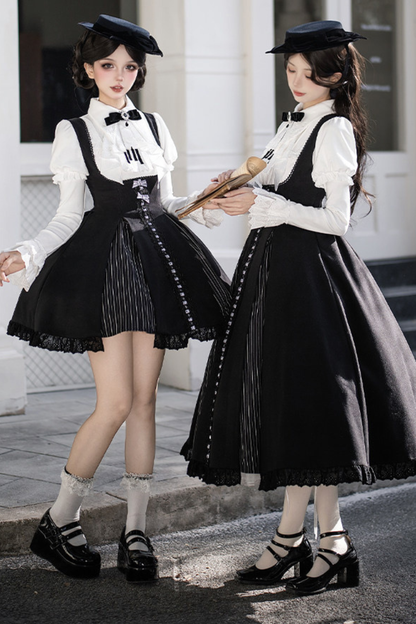 Sweet Lolita Flare Jumper Skirt + Tops + Hat + Ribbon + Collar