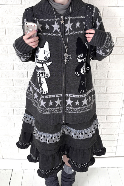 Y2k Jacquard Cardigan + Flared Skirt