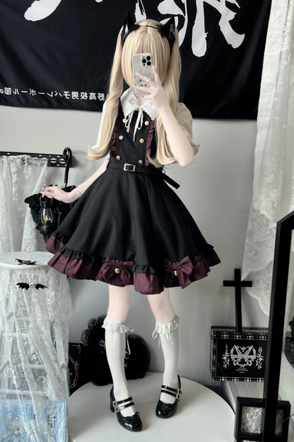 Plaid Suspender Skirt + Ribbon Ruffle Shirt