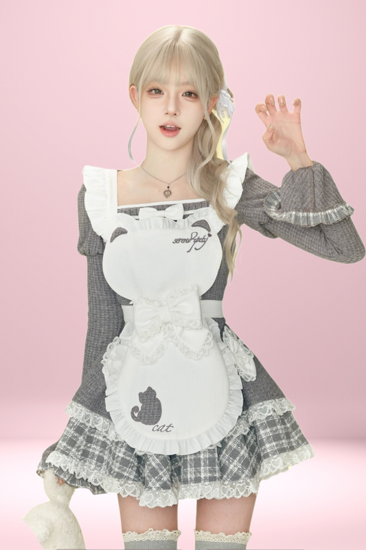 Puff Sleeve Top + Kitten Embroidered Apron + Tiered Skirt