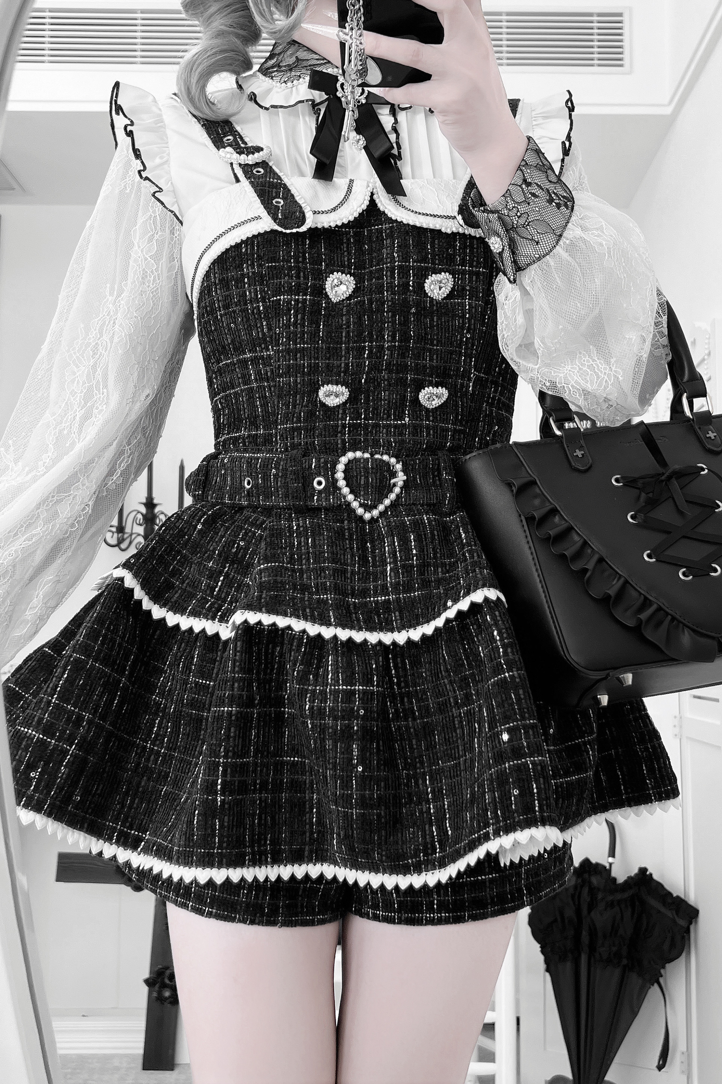 Plaid Design Suspender Skirt + Pants