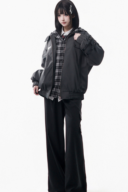 Big Fur Collar Jacket + Top + Skirt + Pants + Plaid Hooded Jacket
