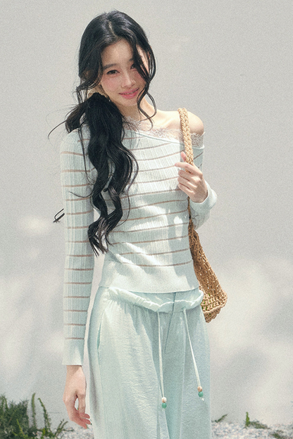 One Shoulder Glance Lace Striped Top