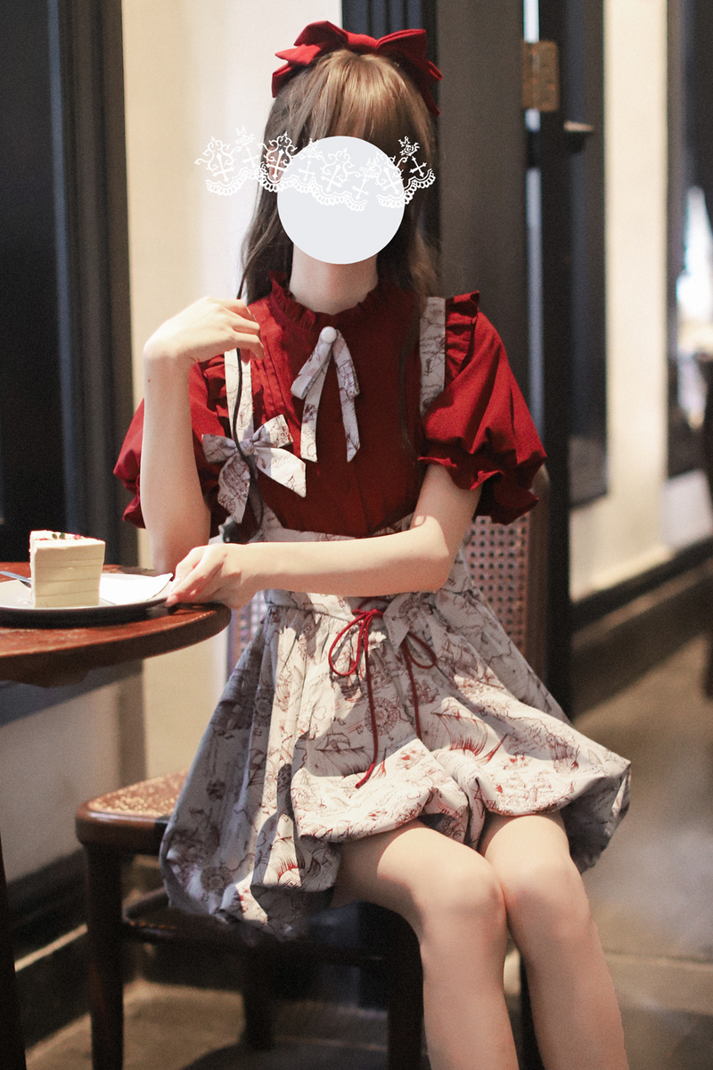 [pre-order] Wine Red Puff Sleeve Shirt + Balloon Jumper Skirt