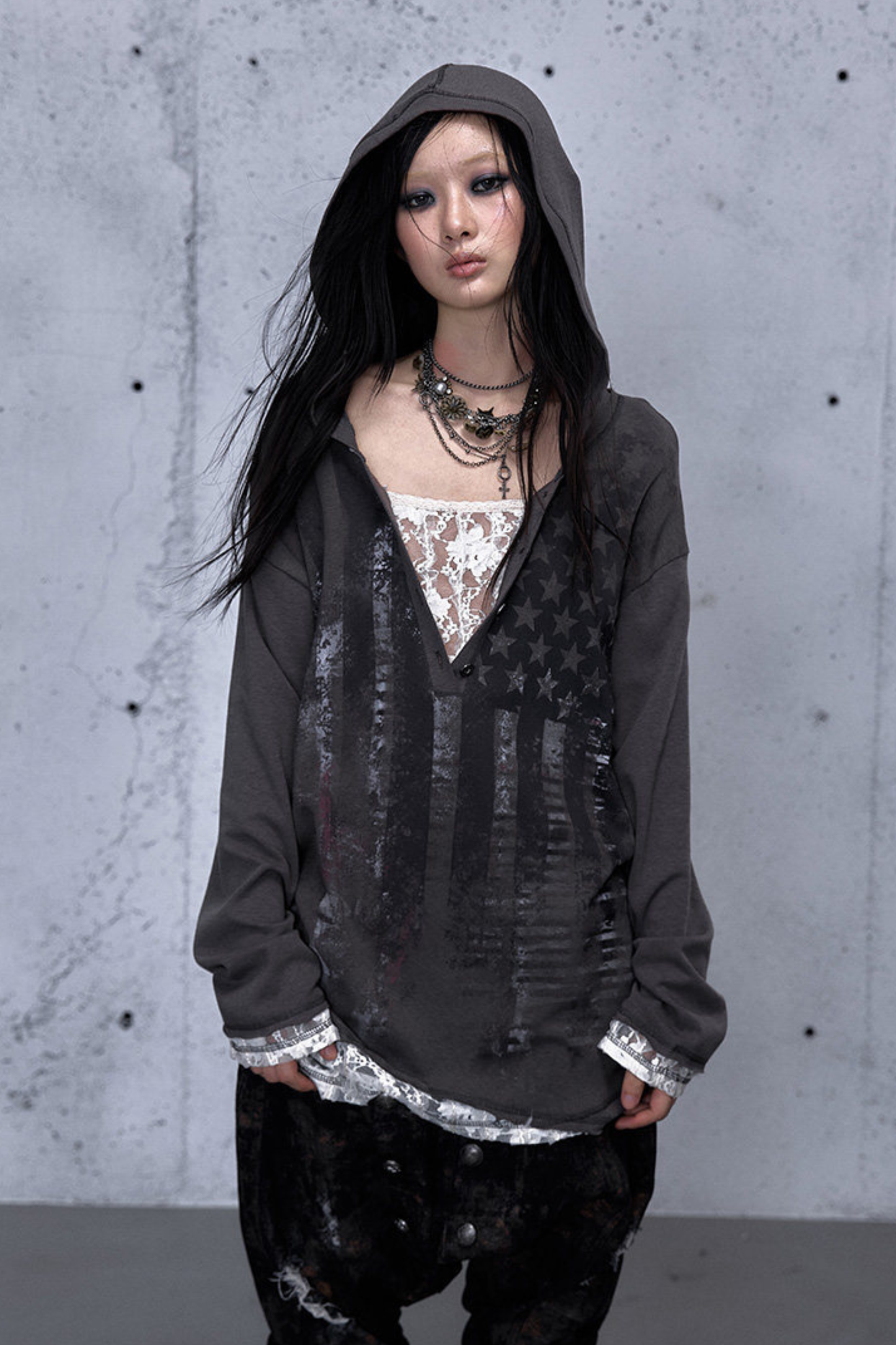 Lace Patchwork Loose Hooded Hoodie