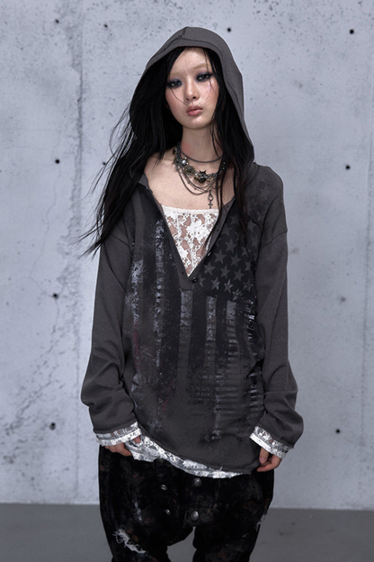 Lace Patchwork Loose Hooded Hoodie