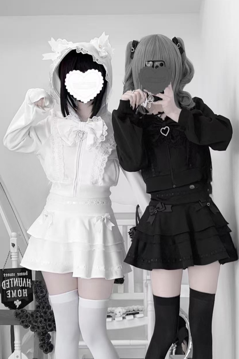 Ribbon Girly Cat Ear Hooded Zip Hoodie + Flare Skirt