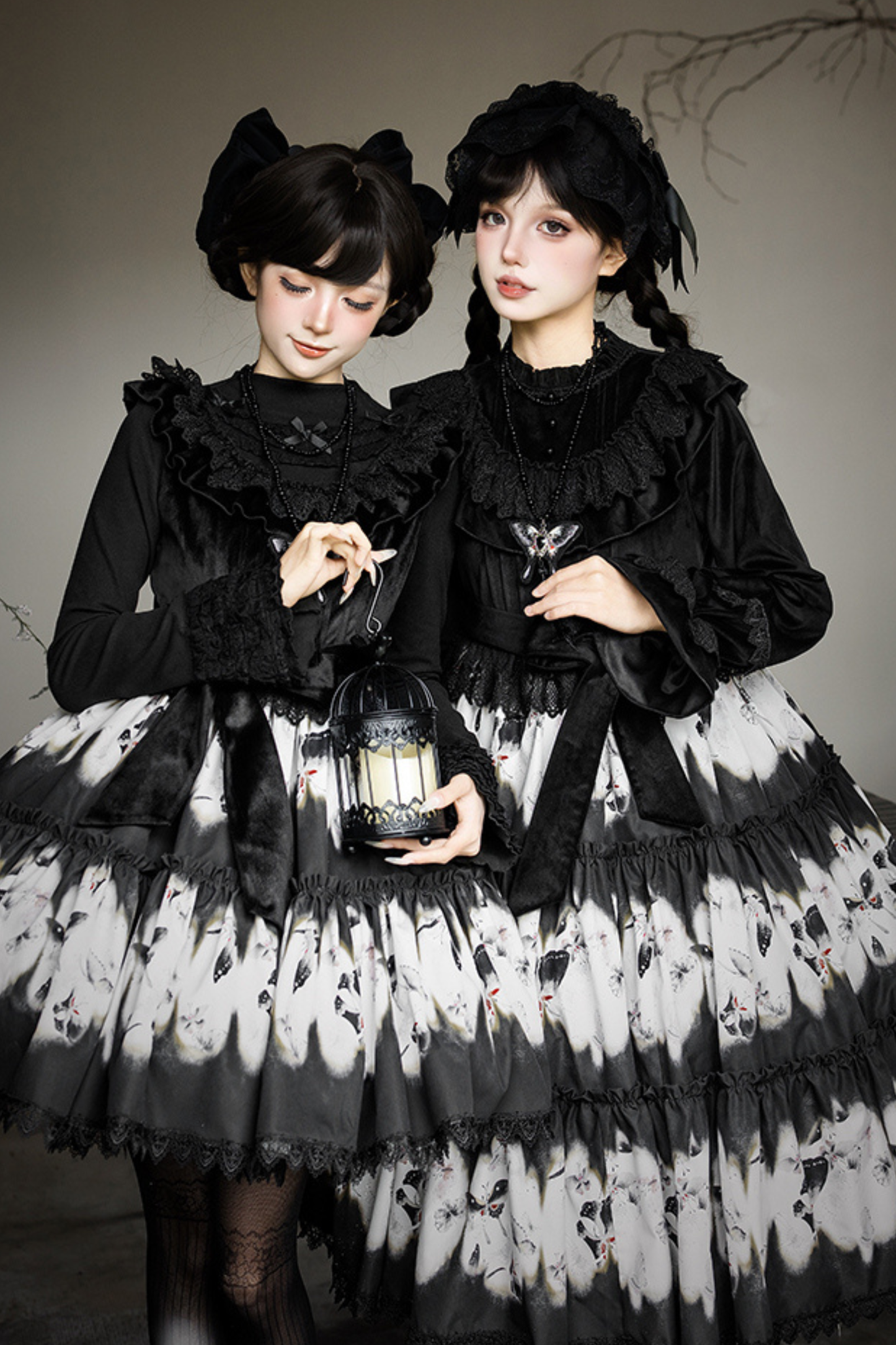 Butterfly Print Swing Lolita Dress + Jumper Skirt + Hairband + Innerwear + Ribbon