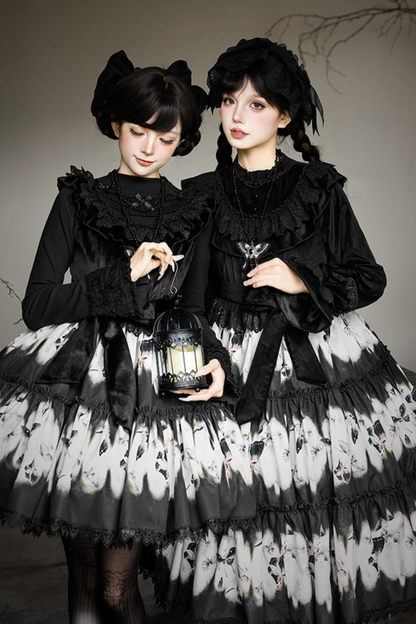Butterfly Print Swing Lolita Dress + Jumper Skirt + Hairband + Innerwear + Ribbon
