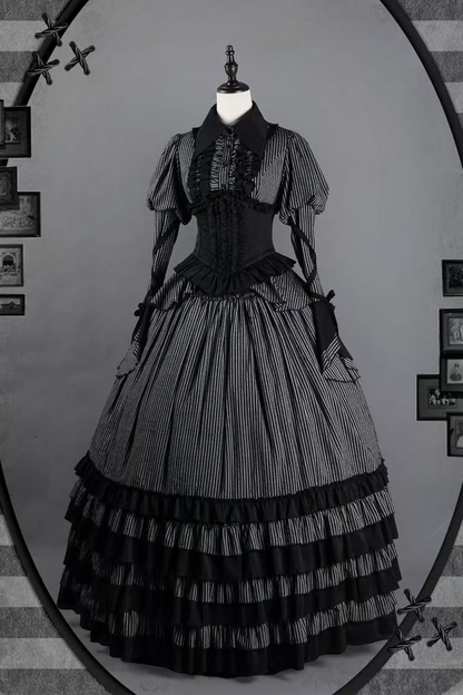[pre-order] Dark Striped Gusset-sleeved Shirt + Corset + Skirt