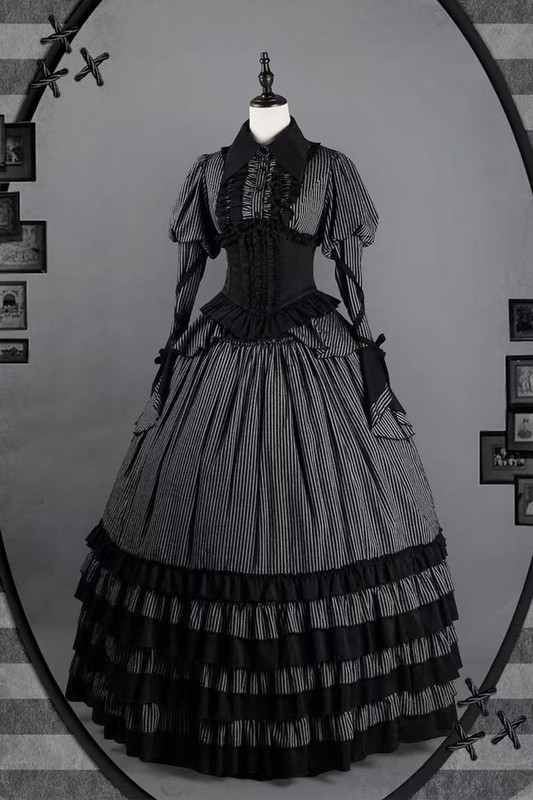 [pre-order] Dark Striped Gusset-sleeved Shirt + Corset + Skirt