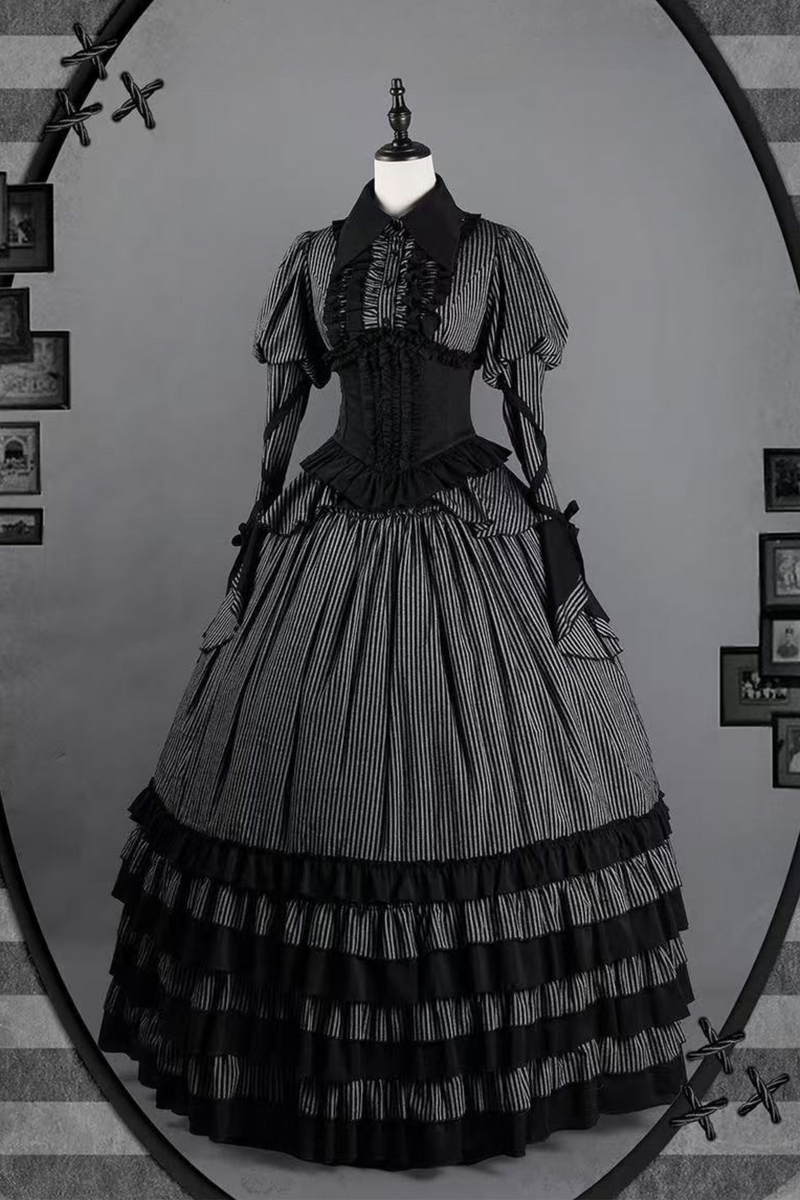 [pre-order] Dark Striped Gusset-sleeved Shirt + Corset + Skirt
