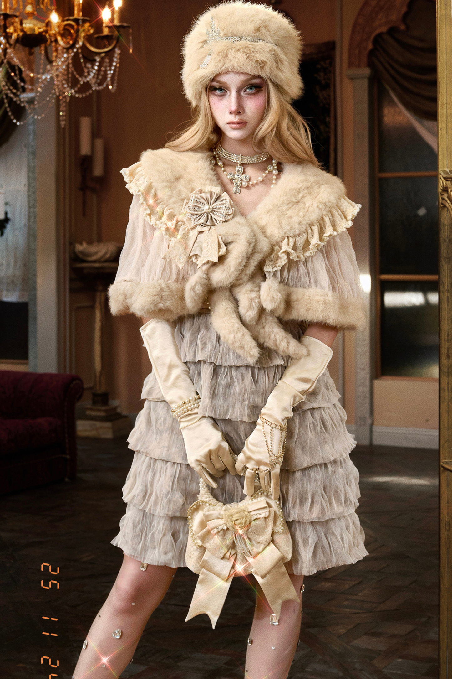 Night Party Gothic Fur Shawl + Hat + Brooch