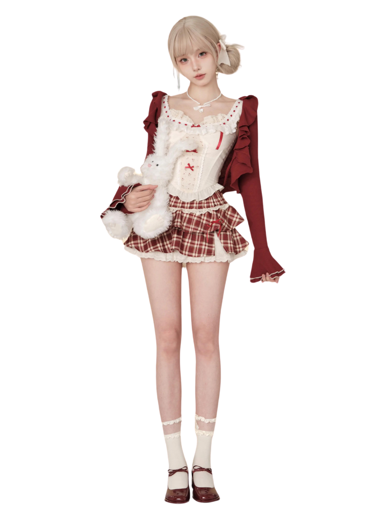 Red Wine Sweet Cherry Summer Suit Red Cardigan + Vest Top + High Waist Red Plaid Skirt