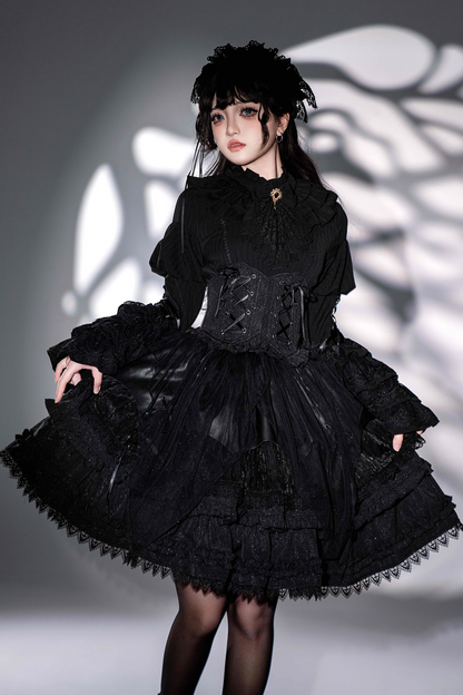 Princess Sleeve Lolita Gothic Blouse + Flare Skirt + Waist Belt