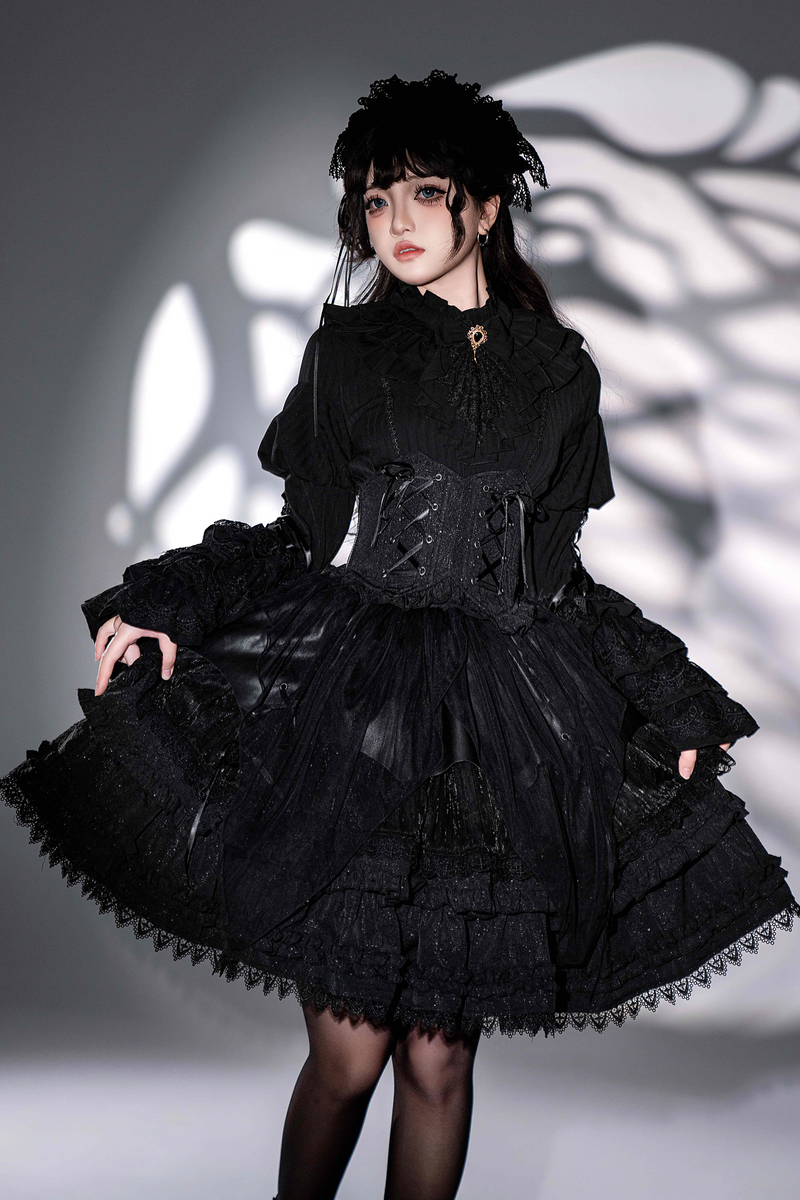 Princess Sleeve Lolita Gothic Blouse + Flare Skirt + Waist Belt
