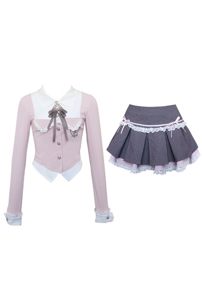 Sweet Sakura College Pink Faux Two-piece Shirt + Gray Pleated Skirt