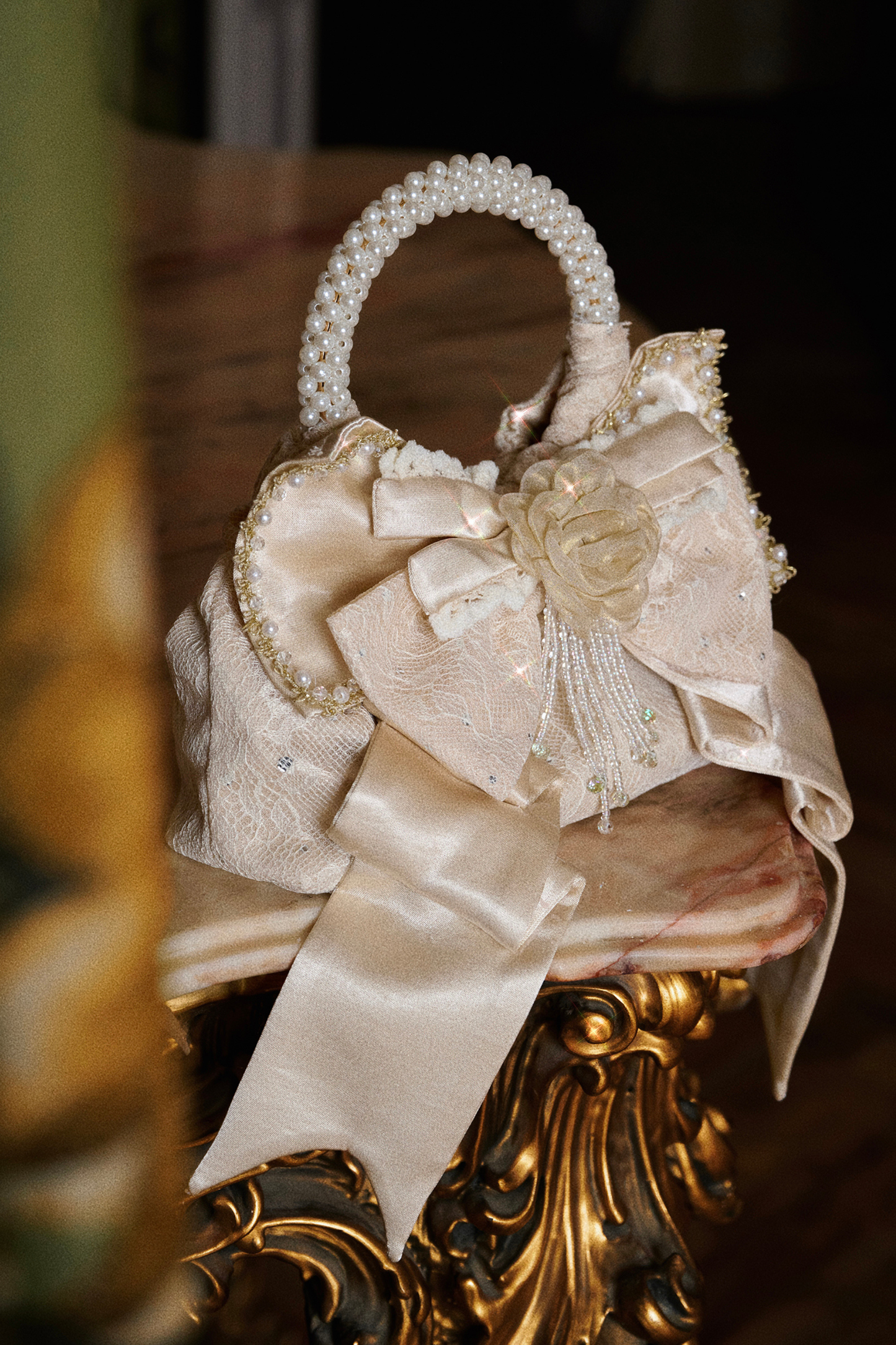 Satin Ribbon Pearl Handbag