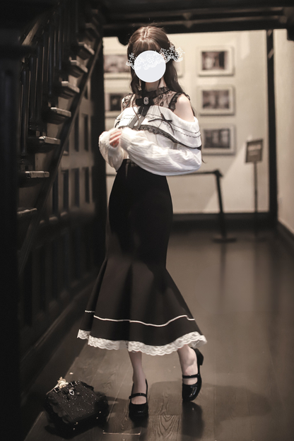Ribbon Knit Off the Shoulder + Mermaid Skirt + Short Skirt + Ribbon